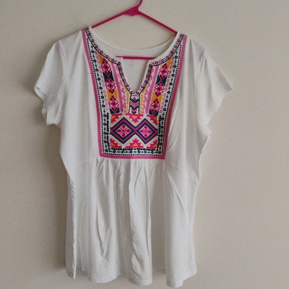 Woman Within Embroidered Floral Aztec Boho Whimsical Pink White Top SIZE 14-16 - Picture 13 of 14
